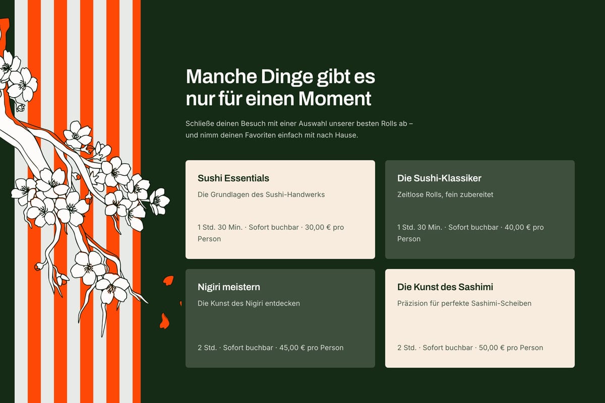 Kursangebot des Restaurantkonzepts: vier Sushi-Kurse mit Dauer und Preis, daneben eine Kirschblütenillustration.