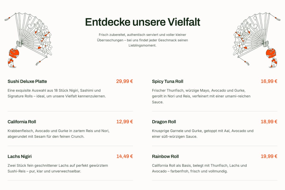Speisekarte des Restaurantkonzepts mit sechs Gerichten, Beschreibung und Preisen in zwei Spalten.