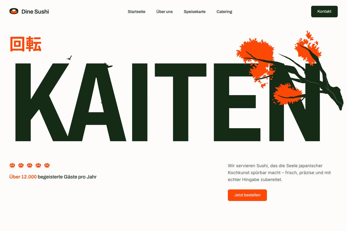 Startseite des Restaurantkonzepts: ein enormer Schriftzug in Waldgrün auf Creme, dazu orange Illustrationen.