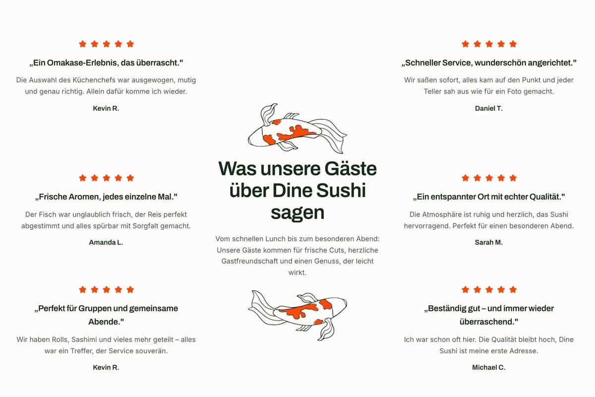 Gästestimmen des Restaurantkonzepts: sechs Bewertungen mit Sternen, dazwischen zwei Koi-Illustrationen.
