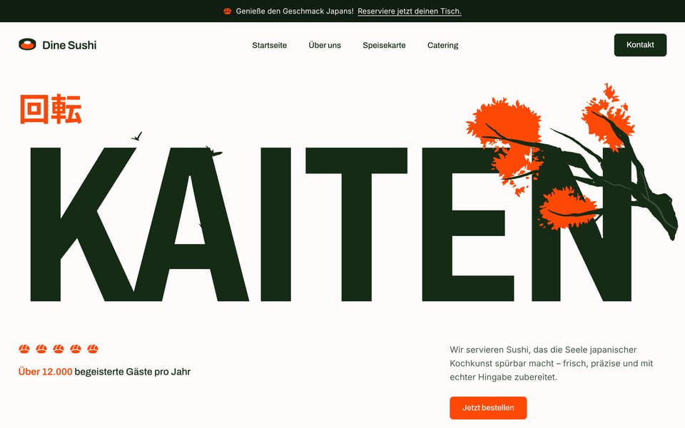 Startseite eines Restaurantkonzepts: ein enormer Schriftzug in Waldgrün auf Creme, dazu orange Illustrationen.