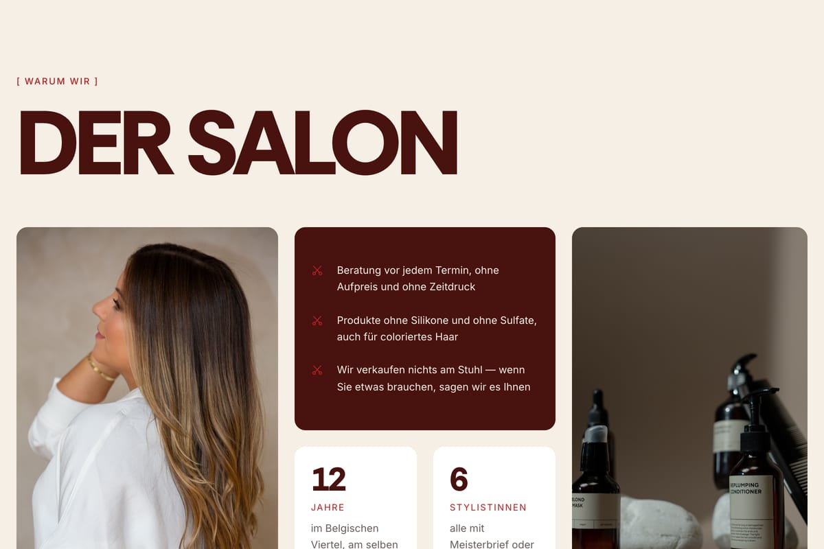 Abschnitt „Der Salon": zwei Porträts und Produktaufnahmen, dazu drei Zusagen — Beratung ohne Aufpreis, Produkte ohne Silikone, kein Verkauf am Stuhl.