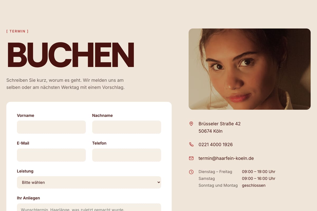 Terminanfrage des Salonkonzepts: Formular mit Name, Kontakt und Wunschleistung, daneben Anschrift und Öffnungszeiten.