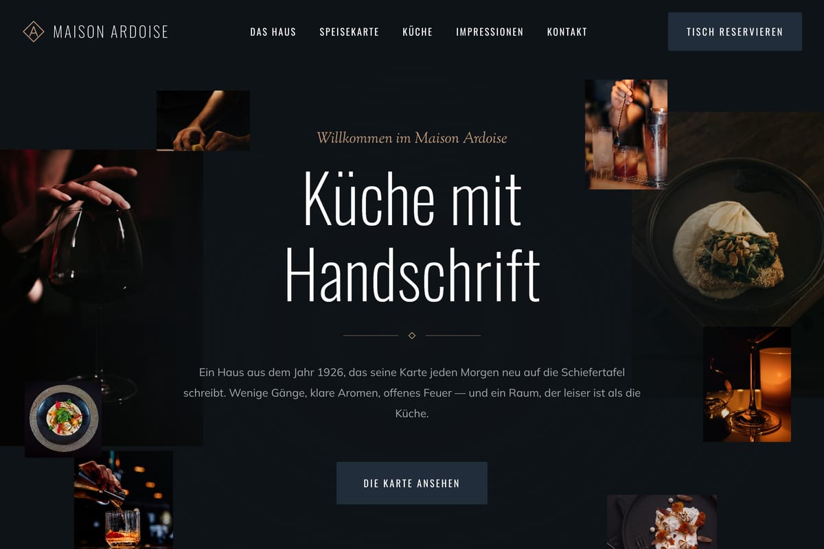 Startseite des Bistrokonzepts: heller Schriftzug auf fast schwarzem Grund, ringsum dunkle Speise- und Weinfotos.