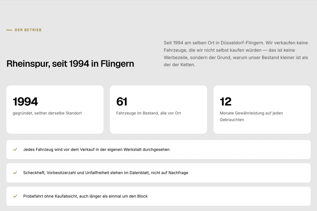 Abschnitt „Der Betrieb": Zahlen zu Bestand und Gewährleistung, dazu drei Zusagen zur Werkstattprüfung.