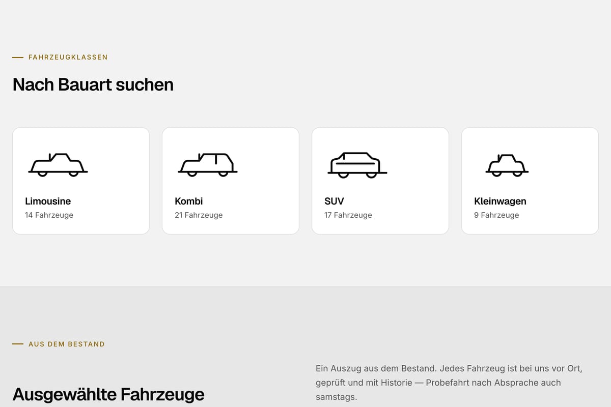 Abschnitt „Nach Bauart suchen": Limousine, Kombi, SUV und Kleinwagen als Umrisszeichnungen mit der Zahl der verfügbaren Fahrzeuge.