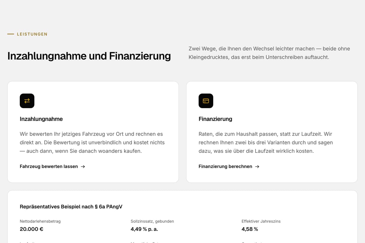 Inzahlungnahme und Finanzierung als zwei Karten, darunter ein repräsentatives Beispiel mit Nettodarlehensbetrag, Sollzins und Effektivzins.