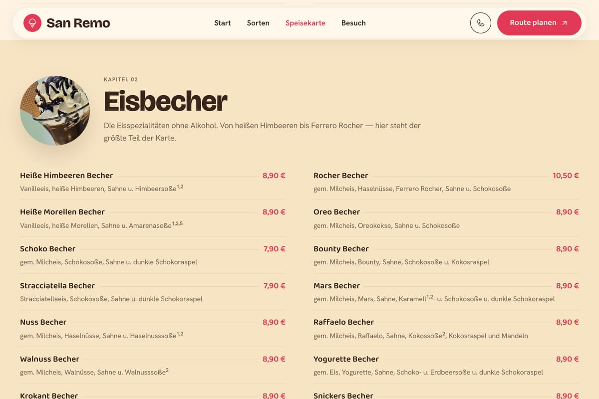 Speisekartenseite: Kapitel „Eisbecher“ mit rundem Kapitelbild, siebzehn Positionen in zwei Spalten, Preise rechts an einer Punktführung.