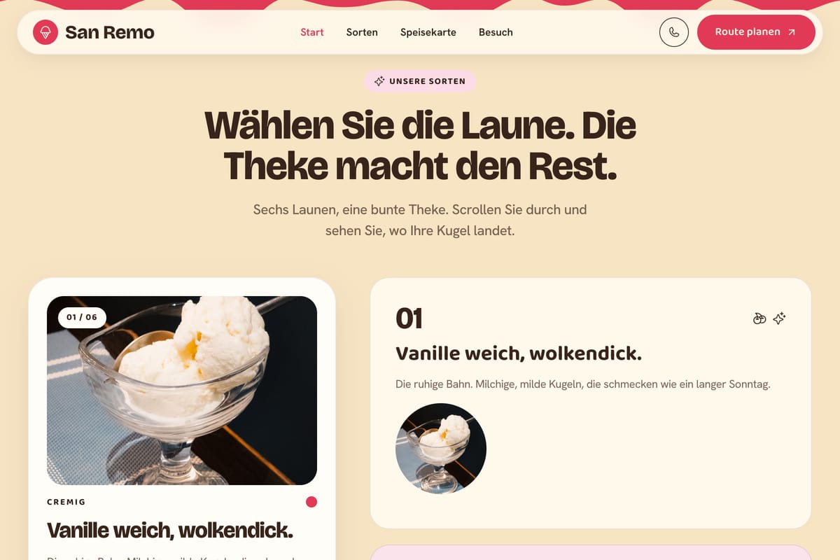 Sortenbereich der Startseite: eine Karte mit Sortenfoto, die beim Scrollen stehen bleibt, daneben die Sorten als durchnummerierte Liste.