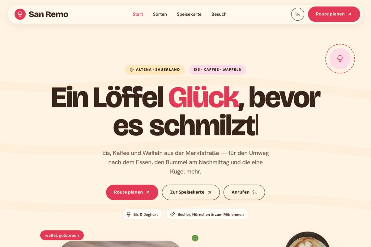 Startseite des Eiscafé-Konzepts: warmes Creme, runde Sortenfotos und die Kapitel der Karte als Oberbegriffe.